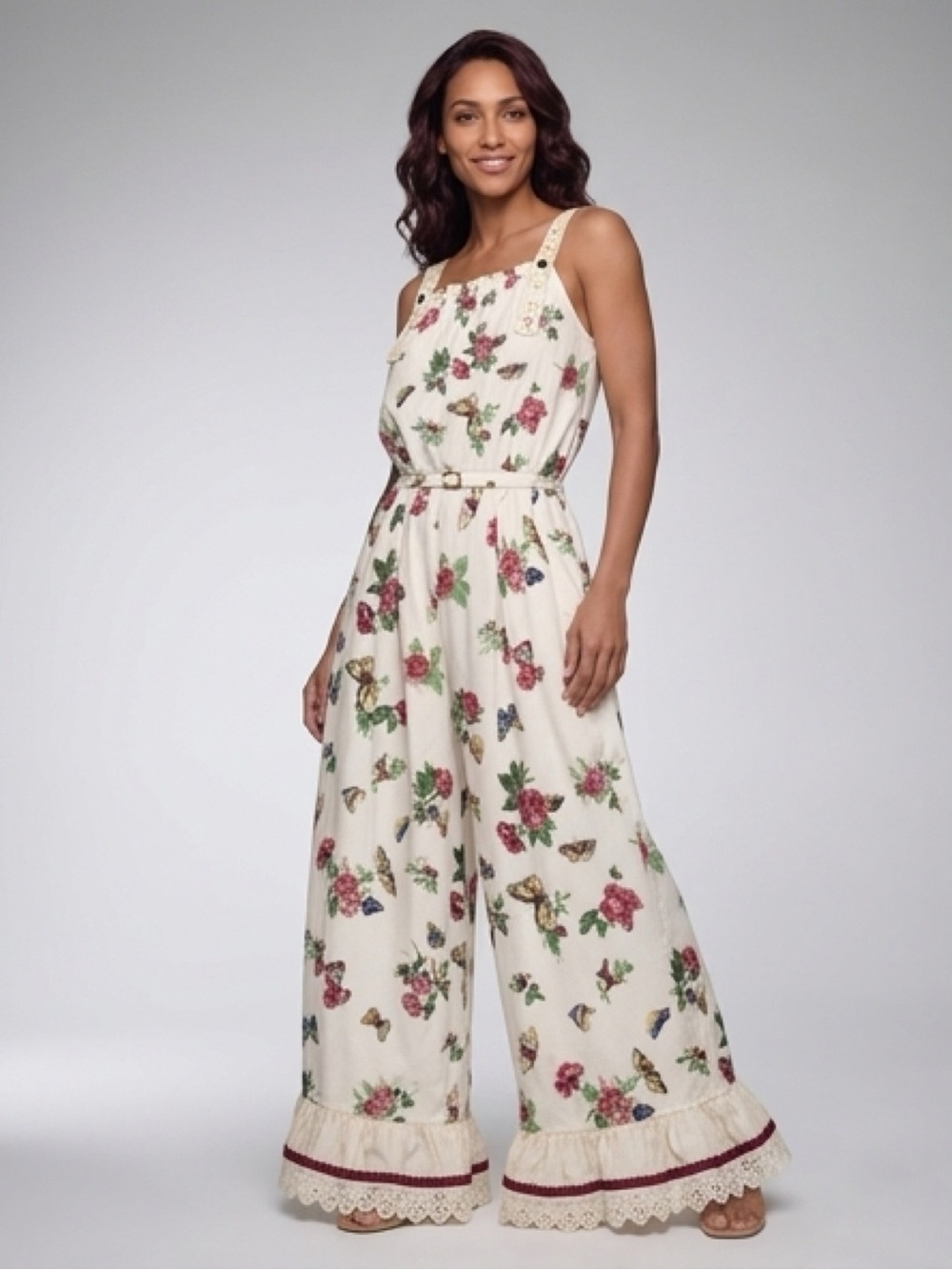 Handmade Vintage Floral & Butterfly Whimsy Bedsheet Wide-Leg Jumpsuit Ruffle